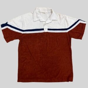 Men’s Vintage 70s Polo Shirt, White, Brown & Navy Stripe, Soft Terry Feel